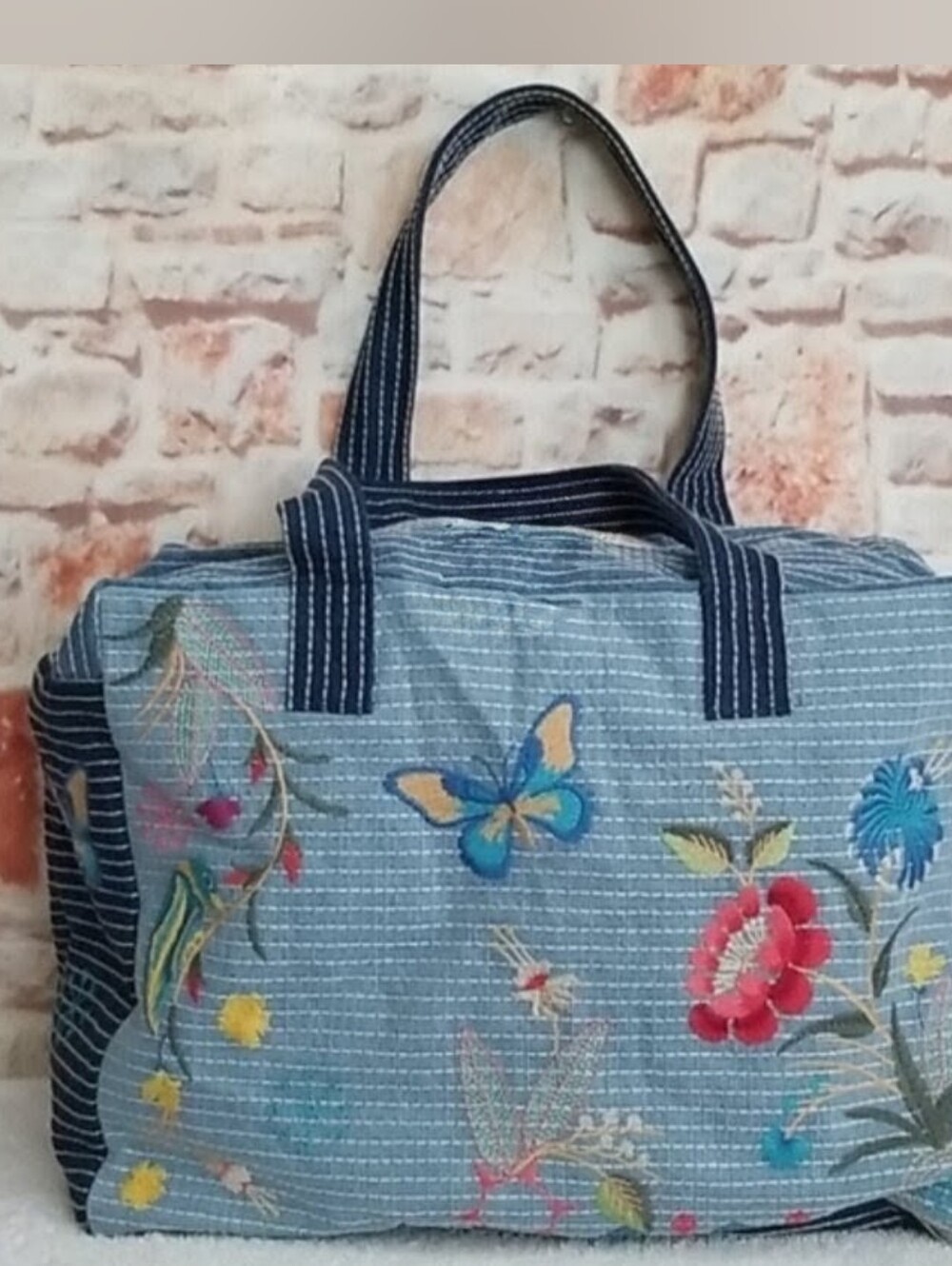 Johnny Was 🐦 Embroidered Blue Bird Butterfly Floral Duffle Tote Weekend Bag